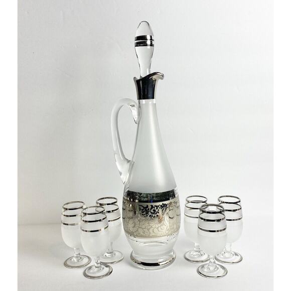 Clear/Frosted/Silver Bohemian Crystal Decanter w Stopper/6 Small Footed Glasses - Picture 1 of 3
